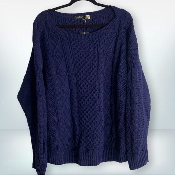 NWT Lauren Ralph Lauren Plus Size Aran-Knit Boatneck Sweater in Navy, size 3X - Picture 2 of 10